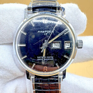 Vintage Rare HAMPDEN 17 Jewel Automatic Black Men's Wrist Watch WORKS
